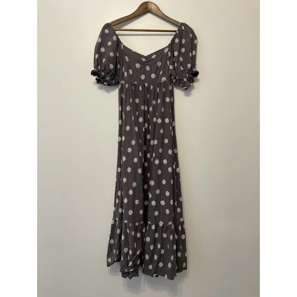 Rylee And‎ Cru Women's Linen Blend Polka Dot Dress Size S Milkmaid Coquette Grey